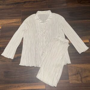 White Pleated Button Up & Pant Matching Set